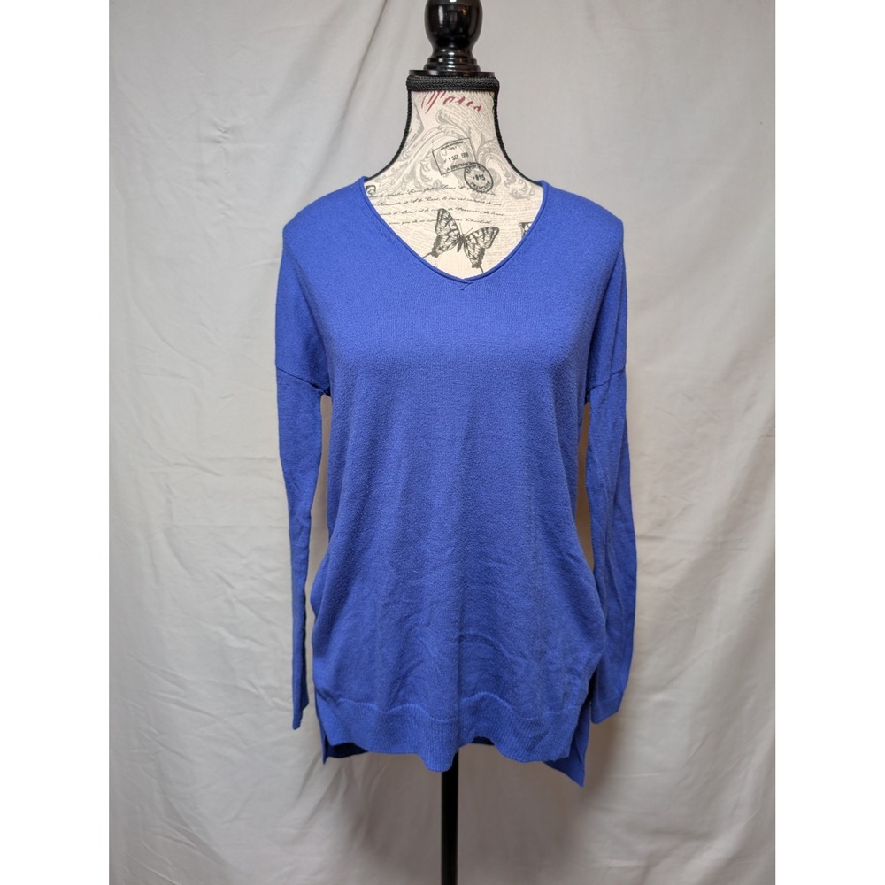 Trouve Blue V-Neck High Low Casual Sweater Cashmere Blend Minimalist Women's XS